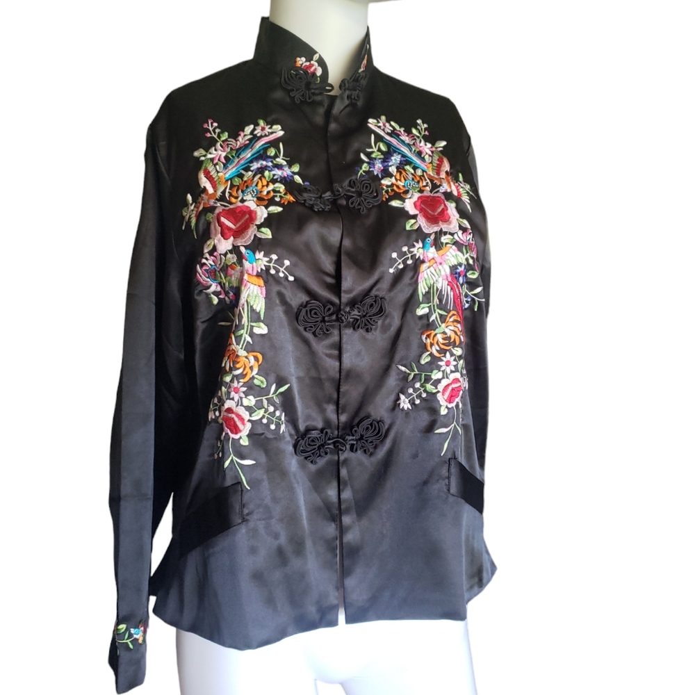 Vintage Embroidered Black Silk Satin Floral Birds Cocktail Jacket Women's Sz M